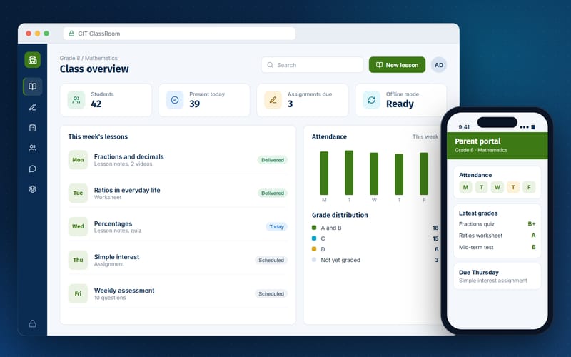 GIT ClassRoom interface mockup showing weekly lessons, class attendance and a parent portal on a phone