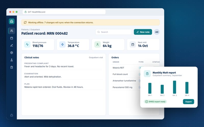 GIT HealthRecord interface mockup showing a patient record, lab and pharmacy orders and a monthly report export